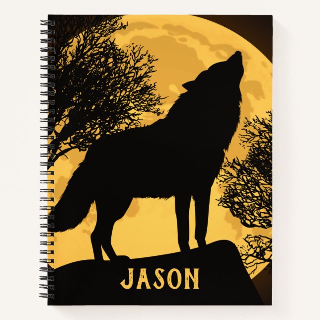 Cahier à spirale pleine lune loup noir et jaune (Devant)