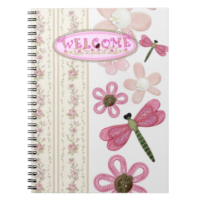 Cahier à spirale rose à motif floral et libellule  (Devant)