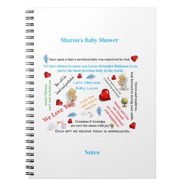 Cahier à spirales pour notes de Baby Shower  (Devant)