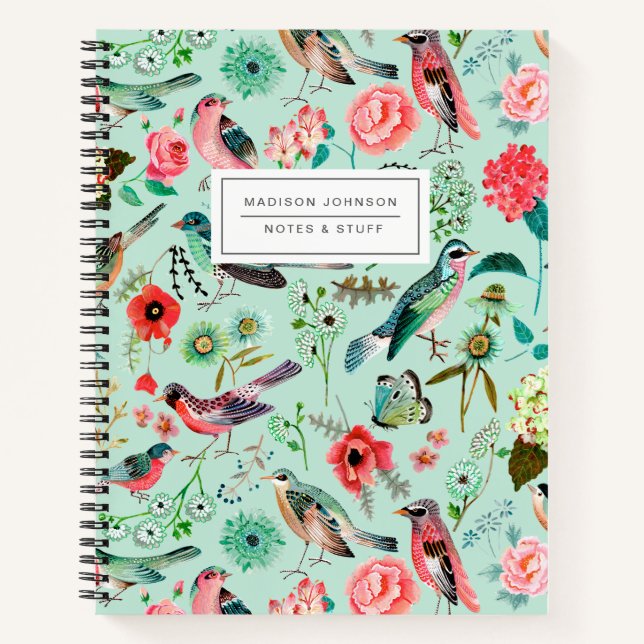 Cahier avec impression partout vert menthe oiseaux (Devant)