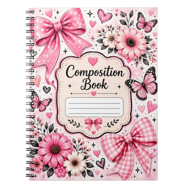 Cahier de composition à nœud rose et papillon mign (Devant)