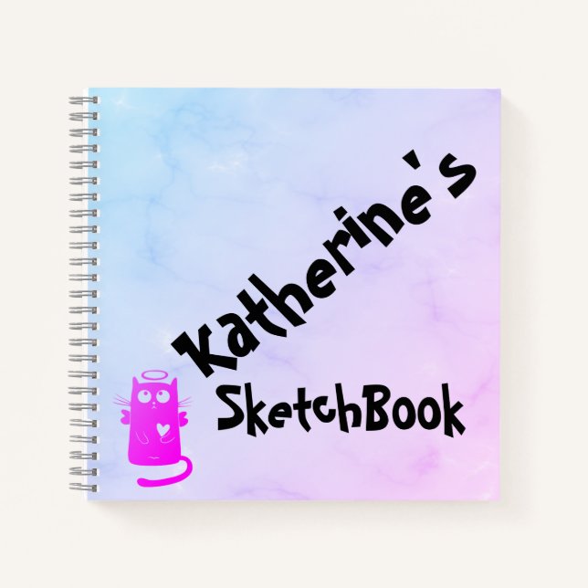 Cahier de croquis de chat ange drôle ombré bleu vi (Devant)