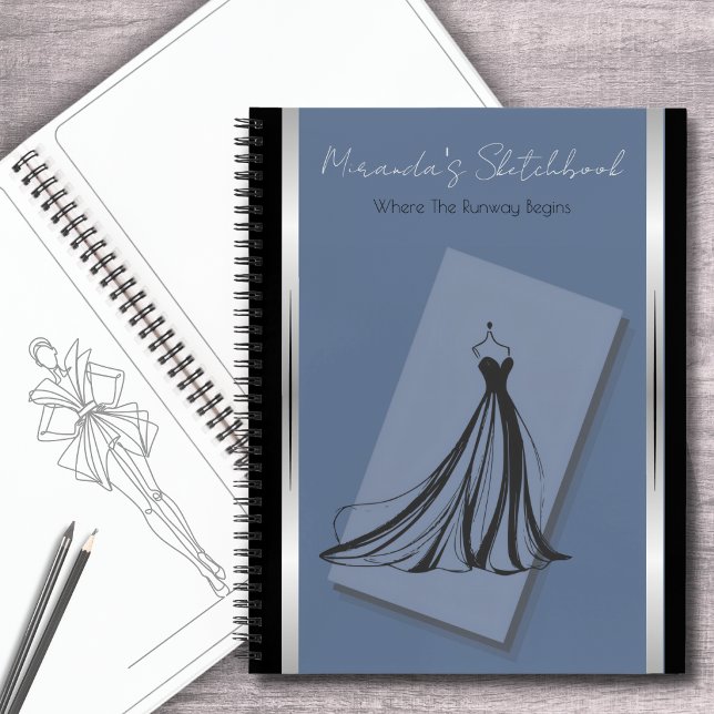 Cahier de croquis de mode Couture Bleu Céleste (Personalized cerulean blue fashion sketchbook with couture evening gown & stiletto pattern.)