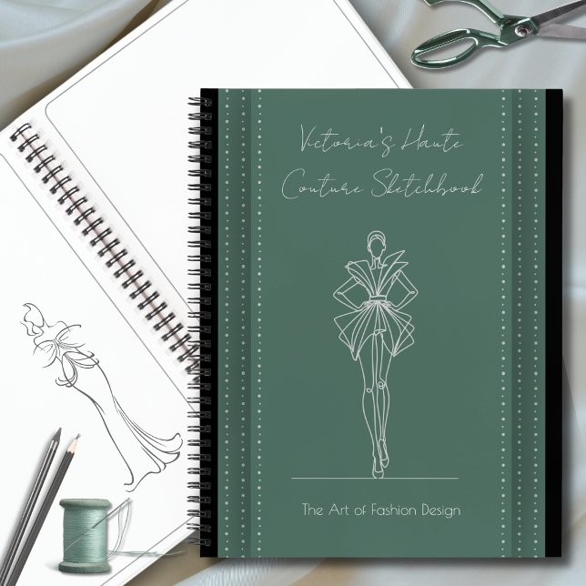 Cahier de croquis de mode haute couture vert forêt (Luxury fashion designer sketchbook in forest green. Elegant croquis illustration studio journal.)