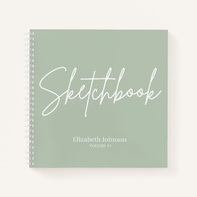 Cahier de croquis élégant Votre nom Script vert sa (Devant)