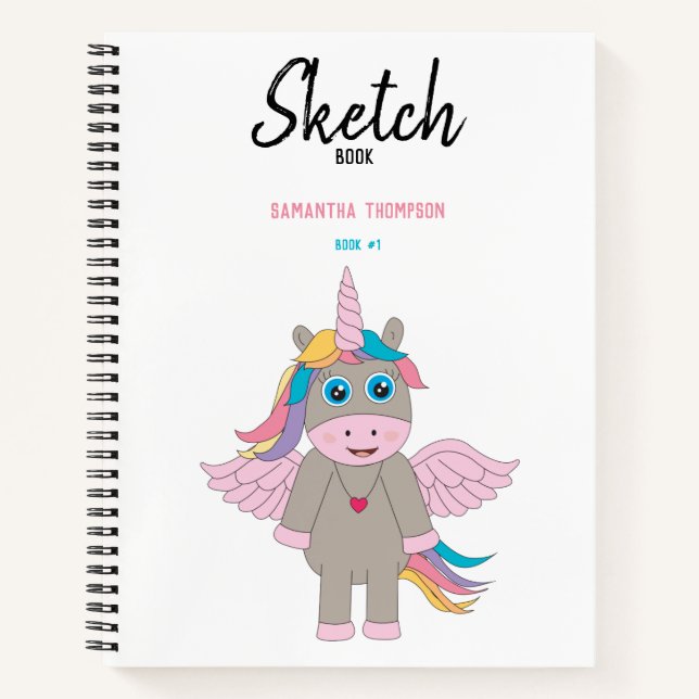 Cahier de croquis fille avec une licorne arc-en-ci (Devant)