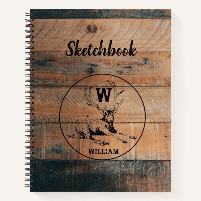 Cahier de croquis Rustic Wood Texture & Deer Monog (Devant)