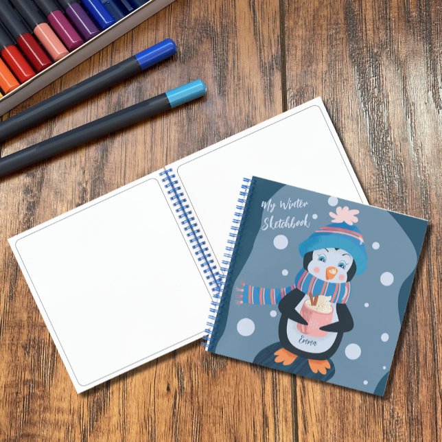 Cahier de dessin enfant pingouin mignon bleu hiver (Créateur téléchargé)