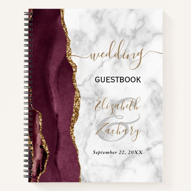 Cahier de mariage Agate Géode Bourgogne Marbre Or  (Devant)