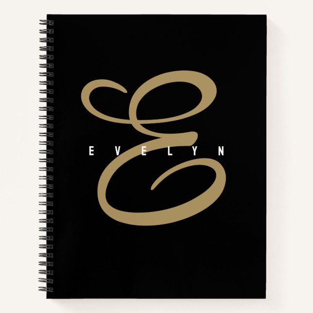 Cahier de monogramme chic noir et or en script (Devant)