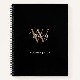 Cahier de nom de monogramme de script or noir élég
