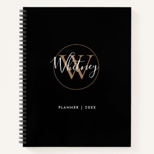 Cahier de nom de monogramme de script or noir élég