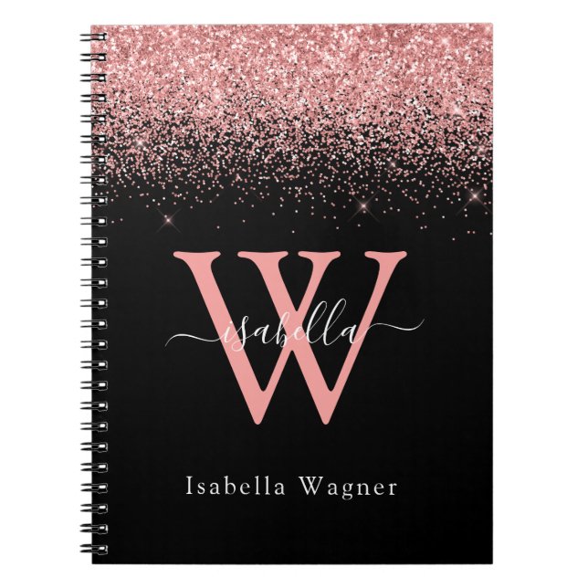 Cahier de nom de script élégant à paillettes noire (Devant)