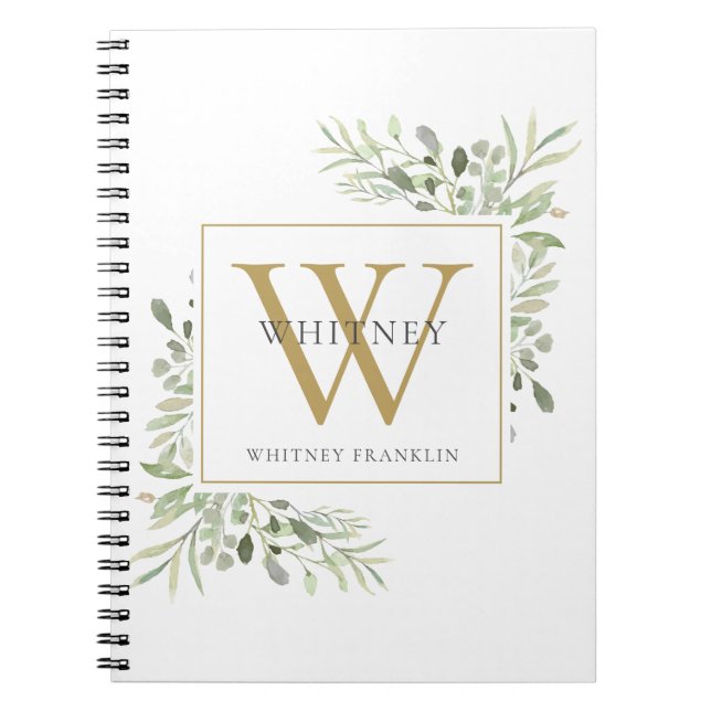 Cahier de nom monogramme de verdure moderne en or (Devant)