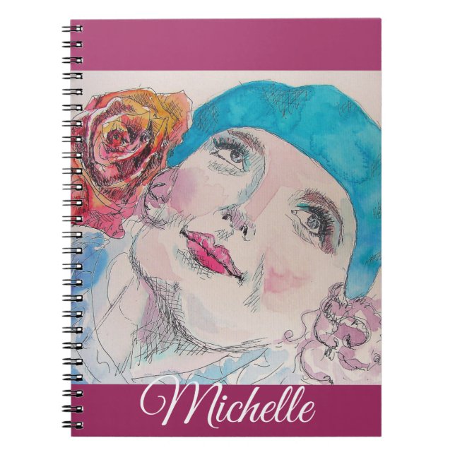 Cahier de notes Fille Rose rouge aquarelle Fille R (Devant)