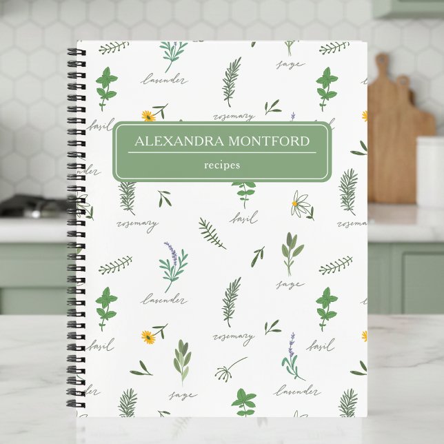 Cahier de recettes botaniques personnalisé (cute sweet cottagecore herb garden floral recipe notebook with custom name, mothers day gift)