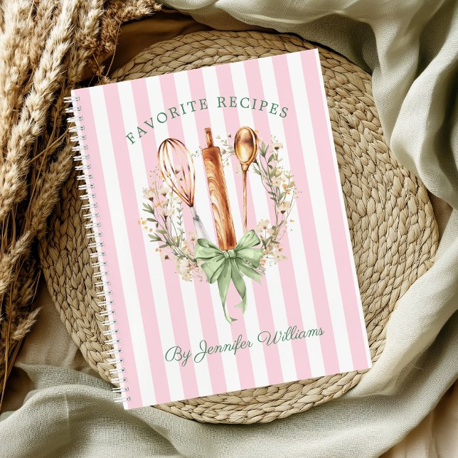 Cahier de recettes de cuisine ustensiles floraux (Pink Stripe Floral Utensils cooking Favorite Recipes notebook)