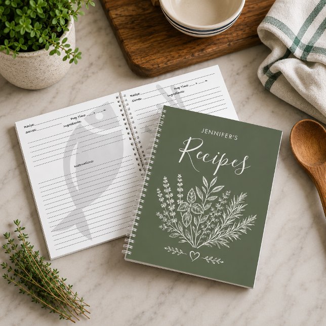 Cahier de recettes de famille en vert olive modern (Preserve your favorite family recipes in style with this personalized recipe journal)