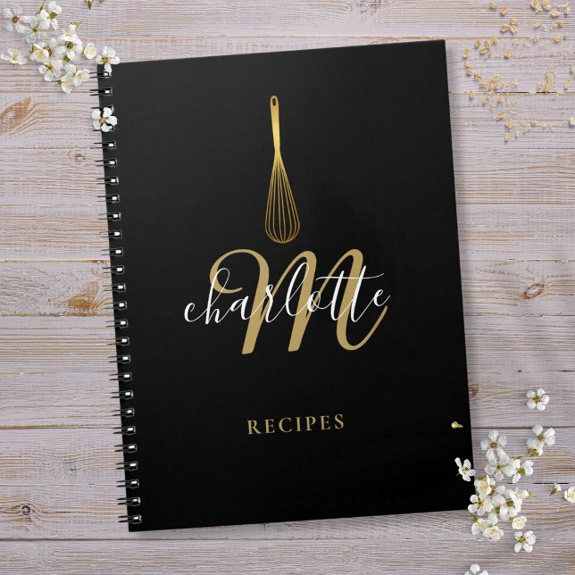 Cahier de recettes Monogramme Noir Or Script (Script Monogram Black Gold Whisk Recipe Notebook)