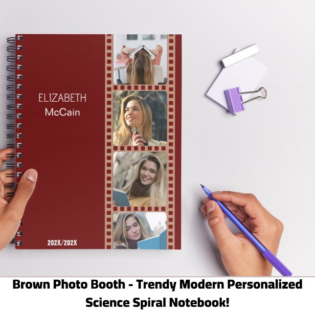 Cahier de science personnalisé avec photomaton per (Brown Photo Booth - Trendy Modern Personalized Science Spiral Notebook!)