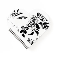 Cahier élégant à coeur floral délavé noir et blanc