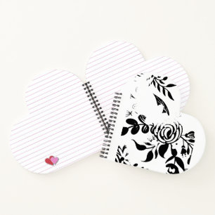 Cahier élégant à coeur floral délavé noir et blanc