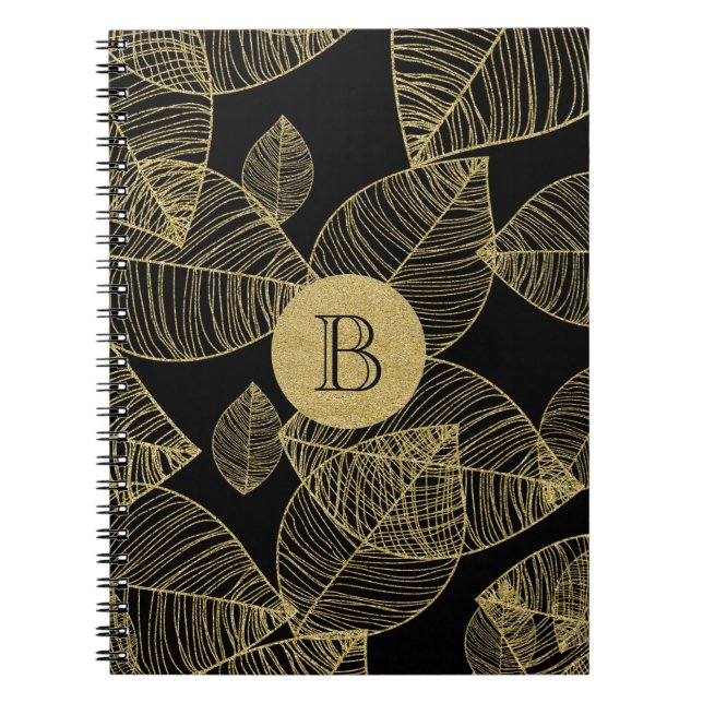 Cahier élégant à feuilles d'or sur fond noir (Devant)