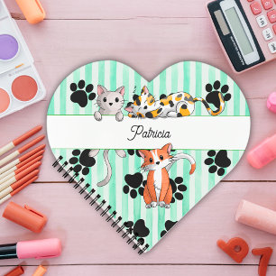 Cahier en forme de cœur Chatons et pattes verts