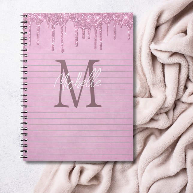 Cahier Féminin avec Nom en Monogramme et Paillette (Monogram Name Initial Pink Dripping glitter personalized girly notebook)