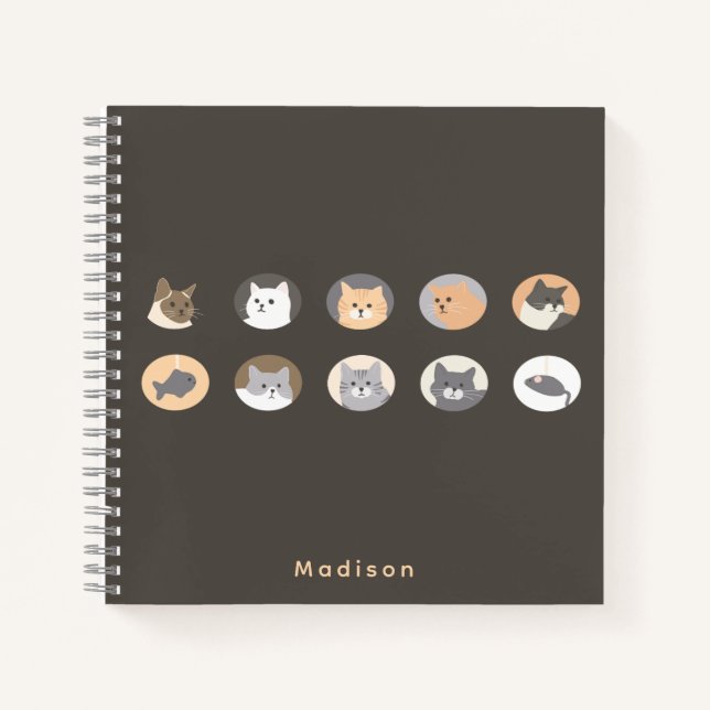 Cahier Gris Foncé aux Visages de Chat Mignons avec (Devant)