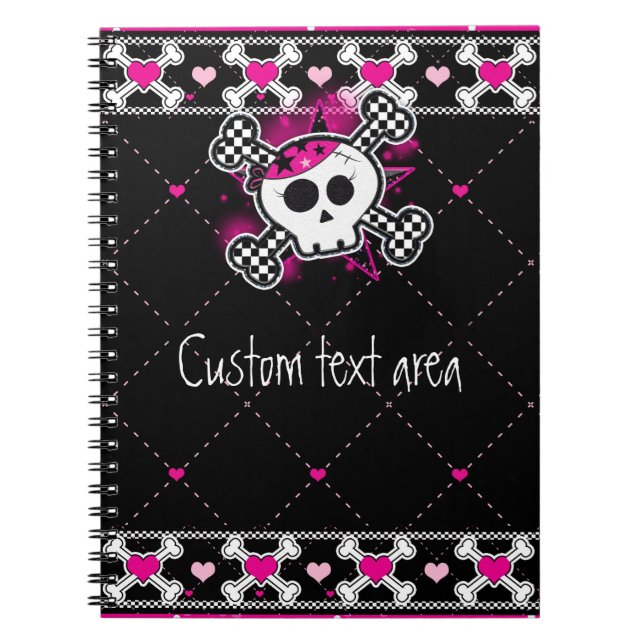 Cahier journal crâne rose croix et coeurs (Devant)