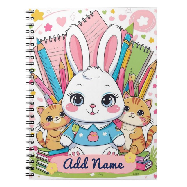 Cahier Mignon Lapin & Chats – Nom Modifiable (Devant)