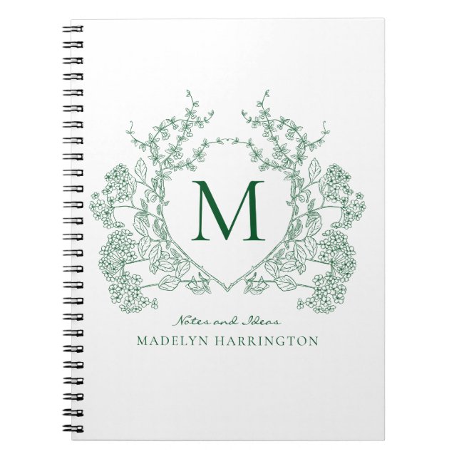 Cahier Monogramme à Couronne Florale Verte Classiq (Devant)