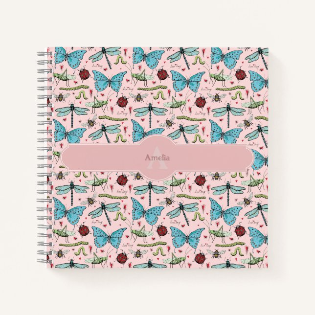 Cahier Monogramme Insectes Rose Pâle  (Devant)