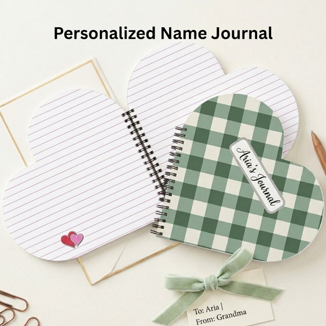 Cahier personnalisé en gingham vert sauge en forme (Créateur téléchargé)
