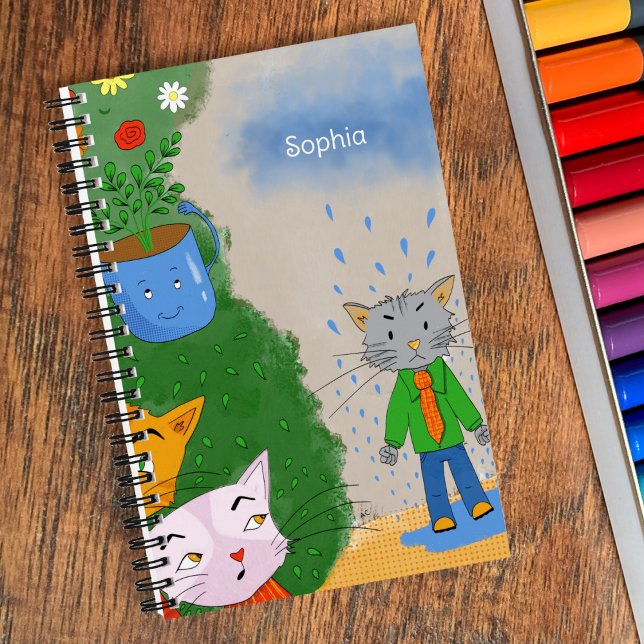 Cahier personnalisé en spirale Chat Silly (Silly cartoon cats spiral notebook with name .)