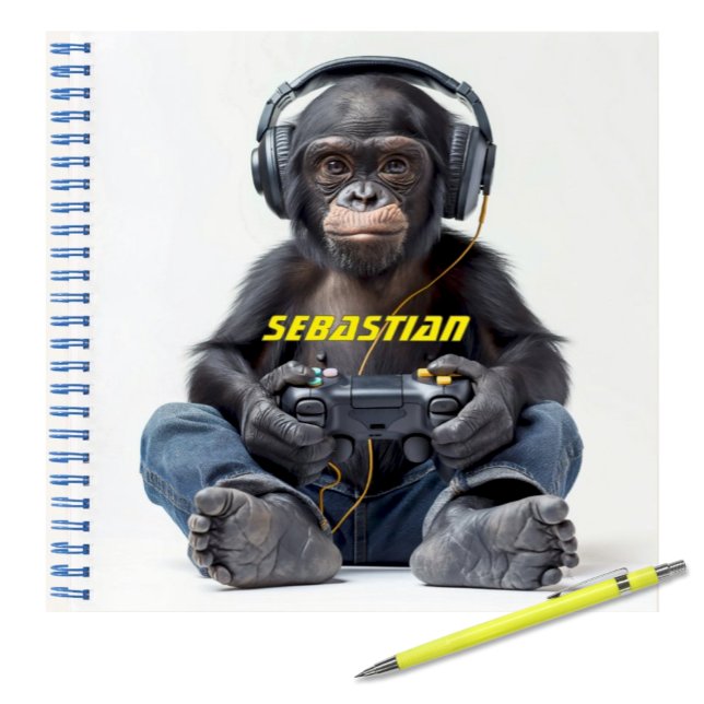 Cahier Personnalisé Gamer Chimp pour Enfants (Funny Monkey Chimp wearing headphones and playing video games personalized notebook for kids)