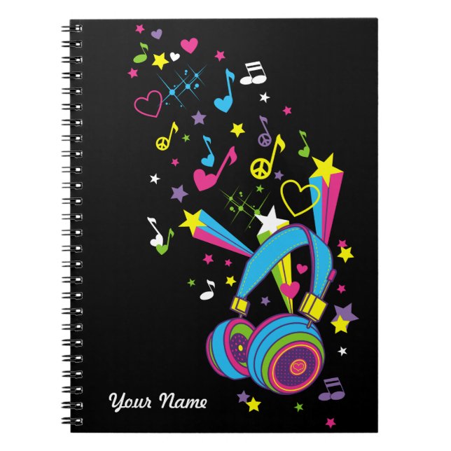 Cahier Personnalisé Noir Notes de Musique Casque (Devant)