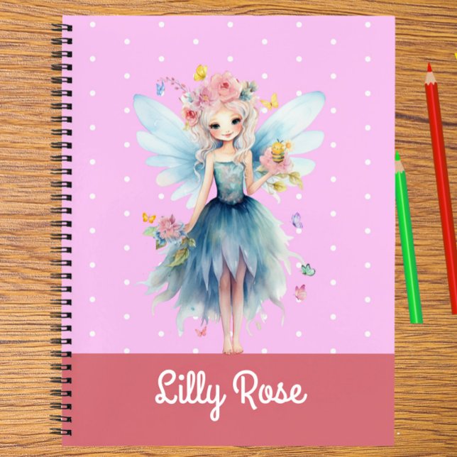 Cahier personnalisé pour écrire et dessiner Fée Ro (Forest Fairy Pink and Blue Personalized Kids Notebook – Magical Write & Draw Journal)