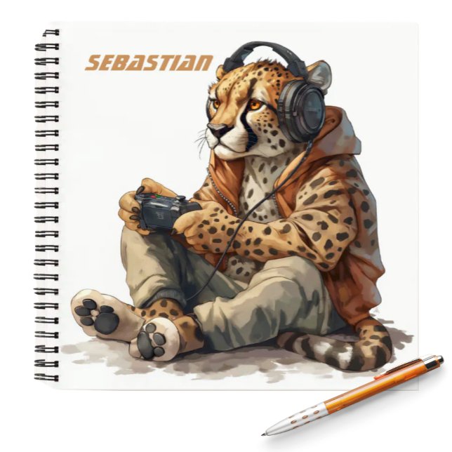 Cahier pour enfants Joueur Guépard (Funny Cheetah wearing headphones and a hoodie playing video games kids personalized notebook)