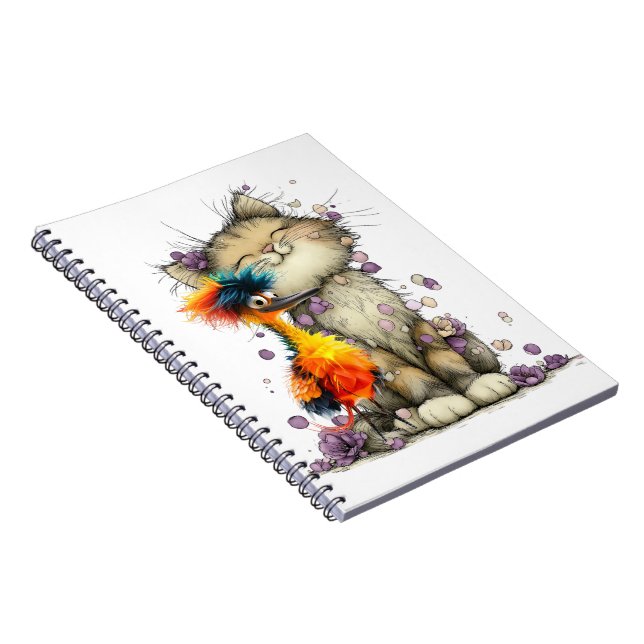 Cahier spiralé chat fantaisiste et oiseau coloré (Côté Droit)