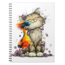 Cahier spiralé chat fantaisiste et oiseau coloré