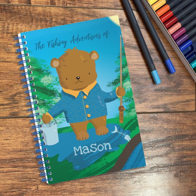 Cahier spiralé enfant ours brun pêche mignon (Kid personalized (summer) fishing journal  . )
