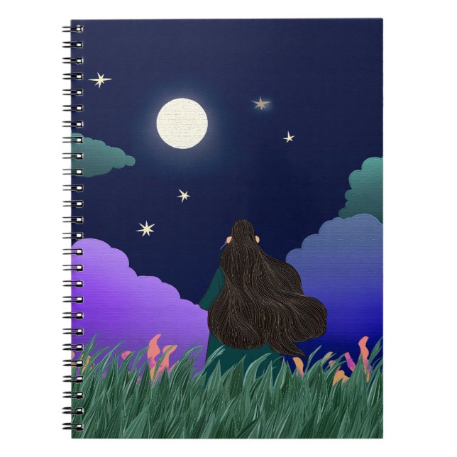 Cahier Spirale Fille Rêveuse au Clair de Lune (Devant)