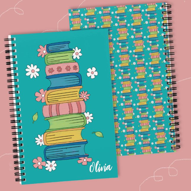 Cahier spiralé sarcelle pour enfants avec empileme (Books and little flowers spiral notebook .)