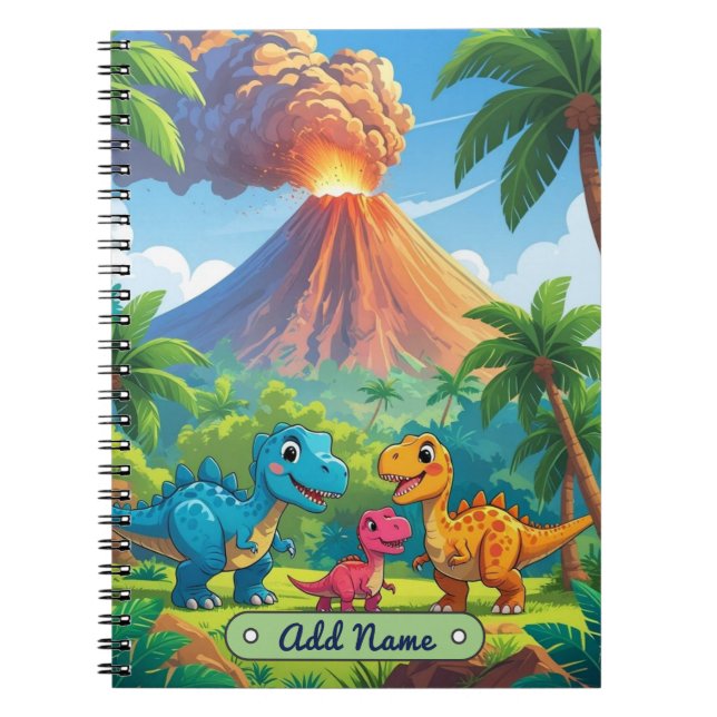 Cahier Volcan Dinosaure Mignon – Nom Éditable (Devant)
