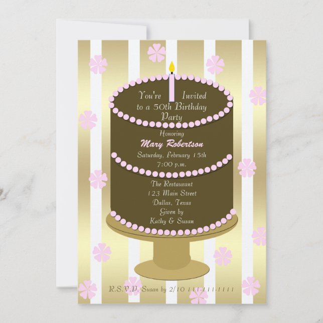 Cake 50th Birthday Party Invitation 50th en rose (Devant)