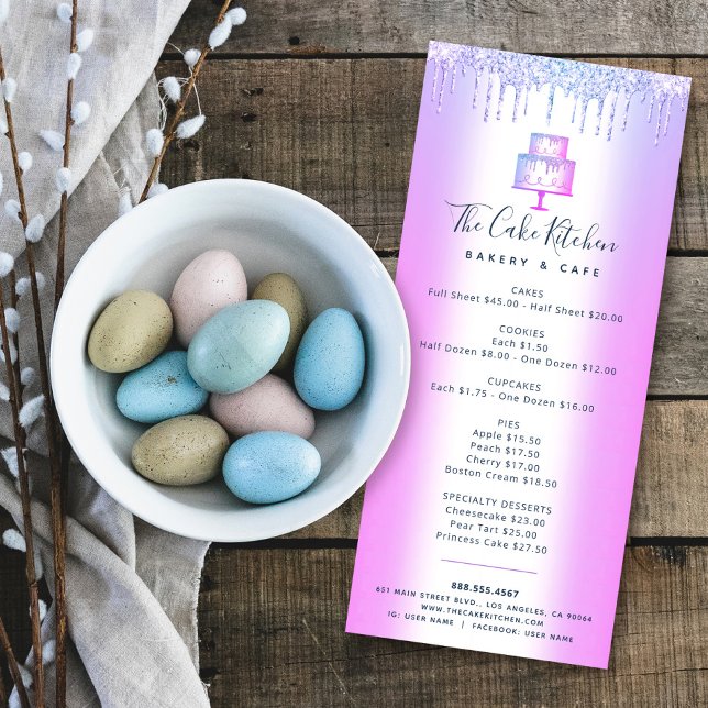 Cake Bakery Purple Glitter Drips Pastry Chef Menu  (Créateur téléchargé)