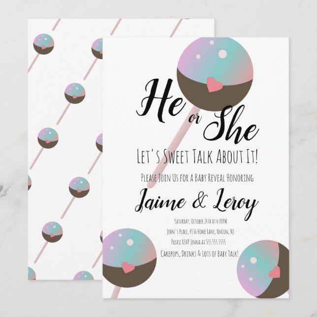 Cakepop Genre Révéler Lui ou Elle Invitation (Devant / Derrière)