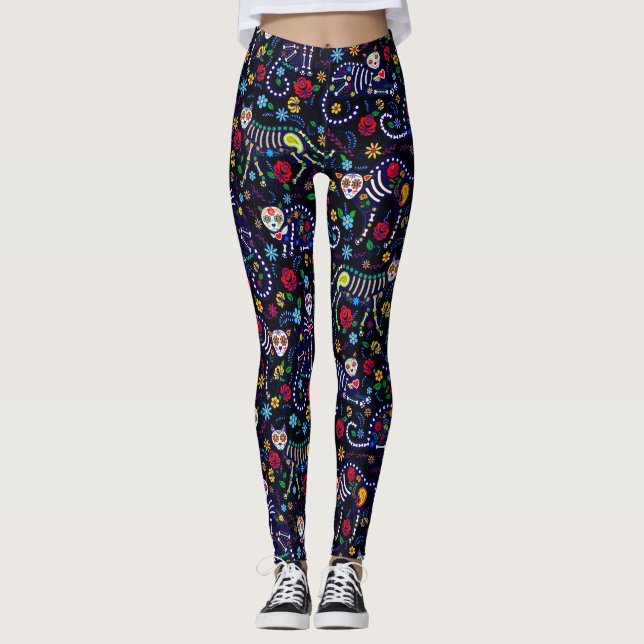 Calaveras Cats Day of the Dead Pop Leggings (Devant)